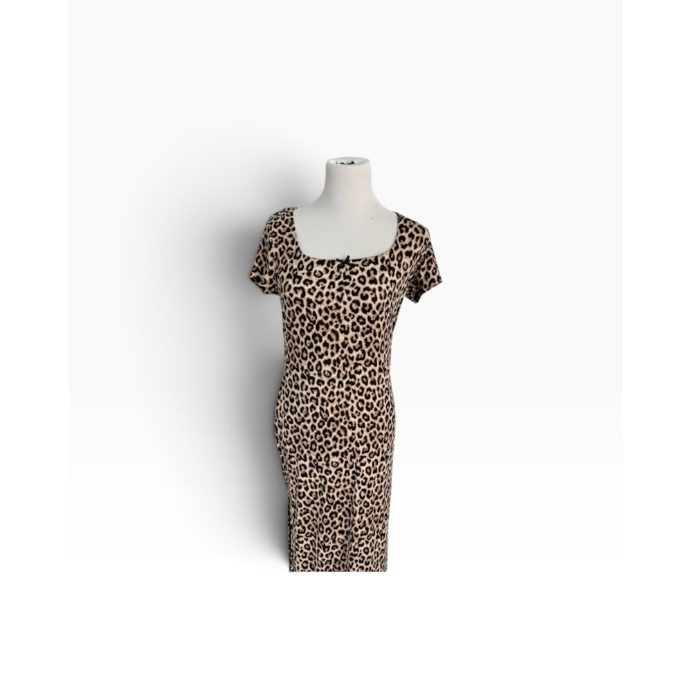 Leopard Print Dress Womens Tan Black Ribbed Knit Square Neck Side Slit Midi